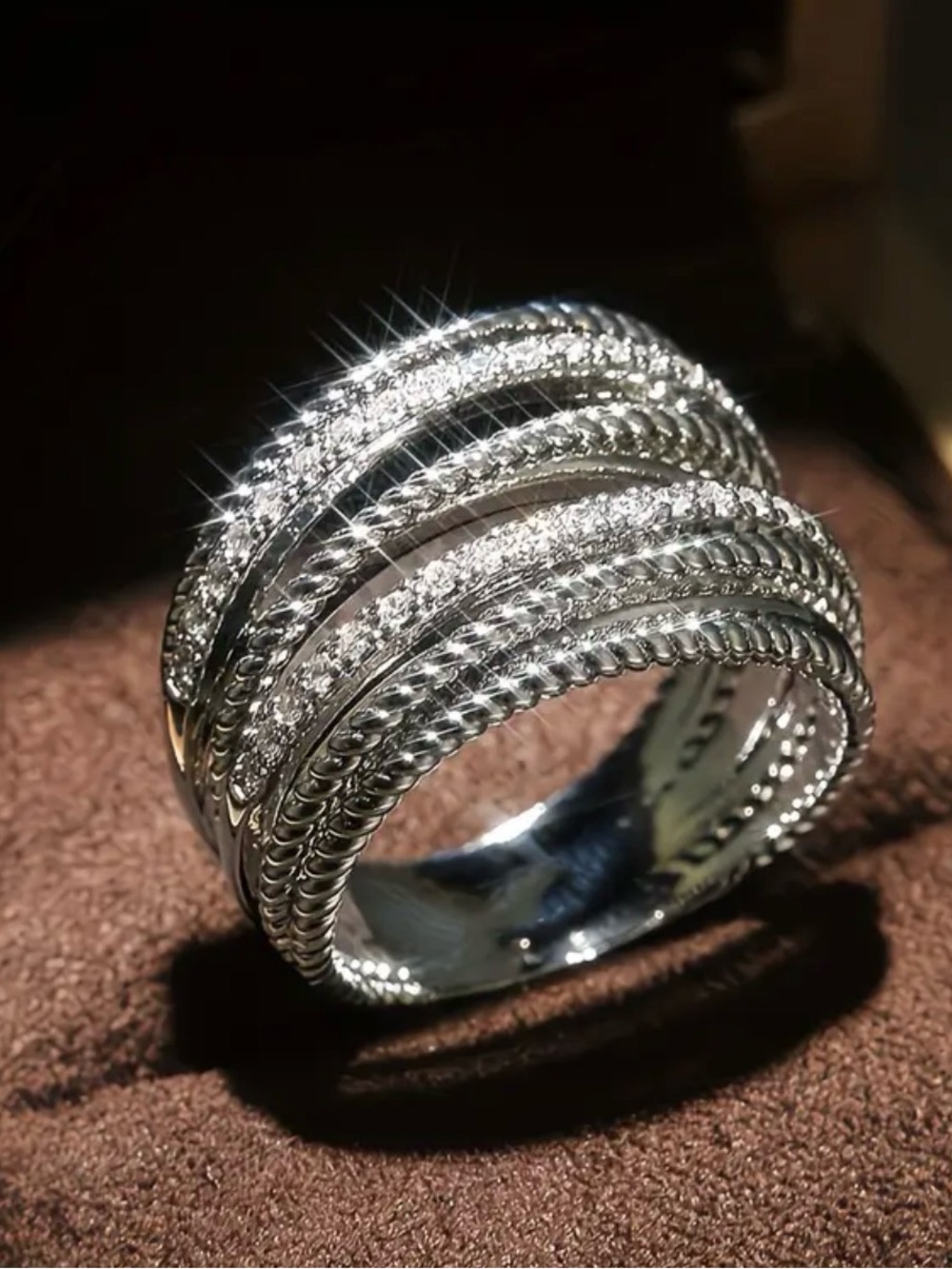 Source Unknown Silver Multi-Band Crystal Wrap Ring